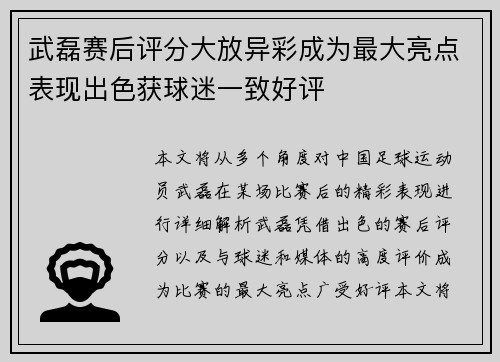 武磊赛后评分大放异彩成为最大亮点表现出色获球迷一致好评