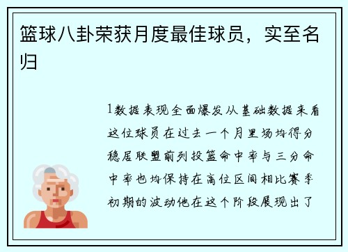 篮球八卦荣获月度最佳球员，实至名归