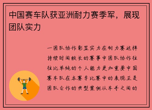 中国赛车队获亚洲耐力赛季军，展现团队实力