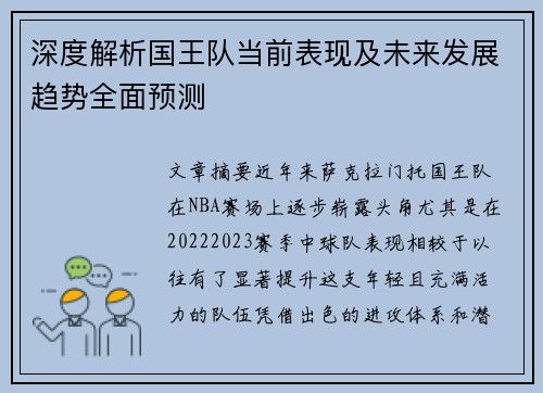 深度解析国王队当前表现及未来发展趋势全面预测